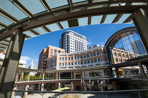 Salt Lake City, USA - September 24, 2019. Architectures of City Creek Center shopping mall with incidental people in background in downtown Salt Lake City, Utah, USA