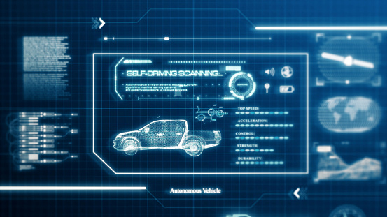 HUD self-driving vehicle pickup truck car specification scanning test user interface on computer screen pixel display panel background. Blue hologram sci-fi tech concept. Front view. 3D illustration
