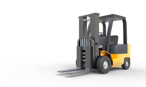 istock Yellow forklift with empty fork parking on white background. Transportation and Industrial concept. Shipment and delivery storage. Copy space. 3D illustration rendering 1294525113