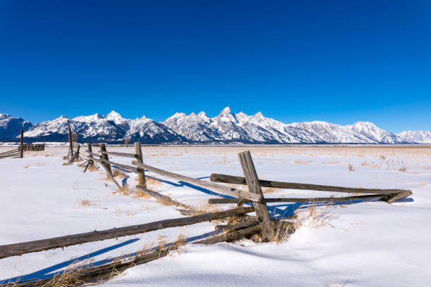 zimowy krajobraz z ośnieżonym pasmem górskim teton w parku narodowym grand teton, wyoming - teton valley zdjęcia i obrazy z banku zdjęć