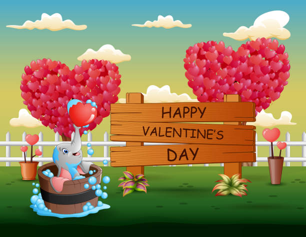 ilustrações de stock, clip art, desenhos animados e ícones de happy valentines day sign with elephant bathing - 13448