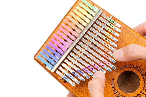 Kalimba playing in hands and plucking the tines with thumbs, Kalimba or Mbira is an African musical instrument that has colorful label attached on metal tines isolated on white background