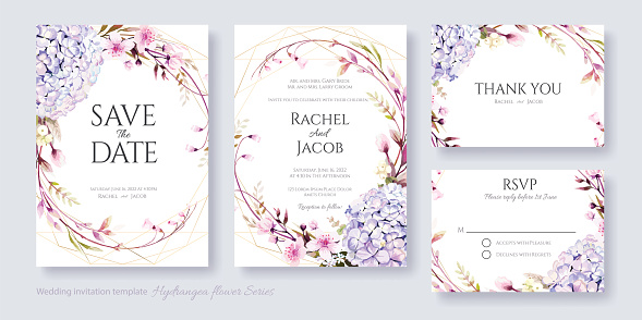 Set of Wedding Invitation, save the date, thank you, RSVP card Design template. Vector. hydrangea and Cherry blossom flowers.