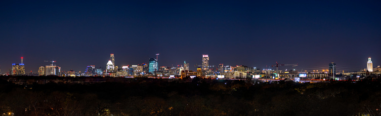 Large Panorama of Downtown Austin At Night Time with Clear Skies