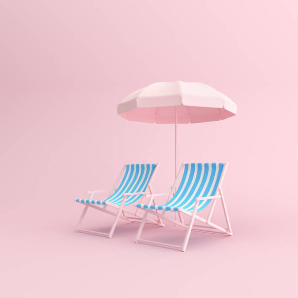 istock Mockup of beach chairs with umbrella on pink background. Minimal concept. 3D rendering 1294532445