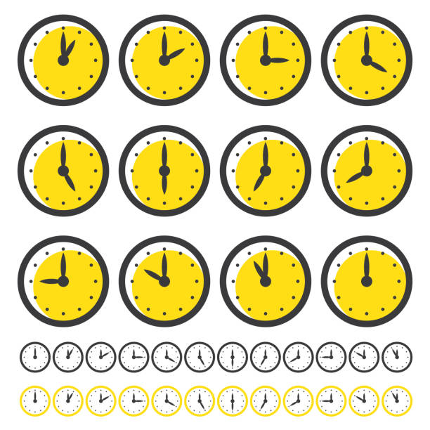 ilustrações de stock, clip art, desenhos animados e ícones de set of clocks icons for every hour isolated on white. vector illustration. - minute hand number 10 clock hand number 11