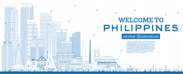 Outline Welcome to Philippines City Skyline with Blue Buildings. Vector Illustration. Outline Welcome to Philippines City Skyline with Blue Buildings. Vector Illustration. Concept with Historic Architecture. Philippines Cityscape with Landmarks. Manila, Quezon, Davao, Cebu. taguig stock illustrations