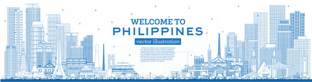 Outline Welcome to Philippines City Skyline with Blue Buildings. Vector Illustration. Outline Welcome to Philippines City Skyline with Blue Buildings. Vector Illustration. Concept with Historic Architecture. Philippines Cityscape with Landmarks. Manila, Quezon, Davao, Cebu. taguig stock illustrations
