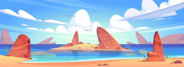 sandstrand, meeresküste mit steinen und insel - lake coastline blue nautical vessel stock-grafiken, -clipart, -cartoons und -symbole