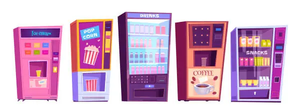 Vector illustration of Vending machines with snacks and drinks icons set