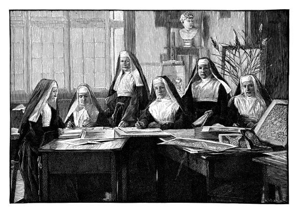 Nuns learning to make lace patterns Nuns learning to make lace patterns - Scanned Engraving Nun stock illustrations