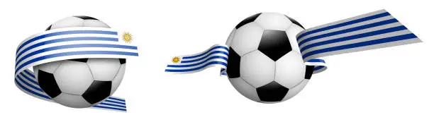 Vector illustration of balls for soccer, classic football in ribbons with colors Flag of Uruguay. Design element for football competitions. Isolated vector on white background