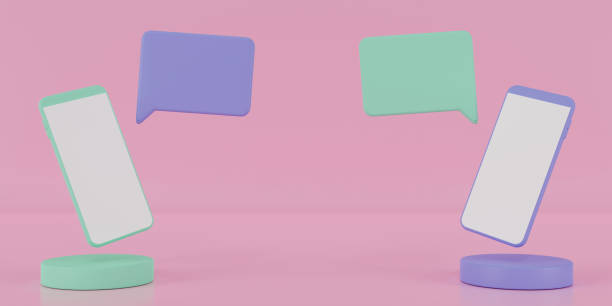 3d render two smartphone with text boxes. 3d rendering two white screen smartphones on cylinder podium with text box on pink background. green word bubble stock pictures, royalty-free photos & images
