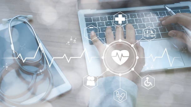 stethoscope lies on tablet and white icon medical with hand doctor using laptop working analyzing data. examination and healthcare business technology network concept. double exposure. - growth global business global communications healthcare and medicine imagens e fotografias de stock