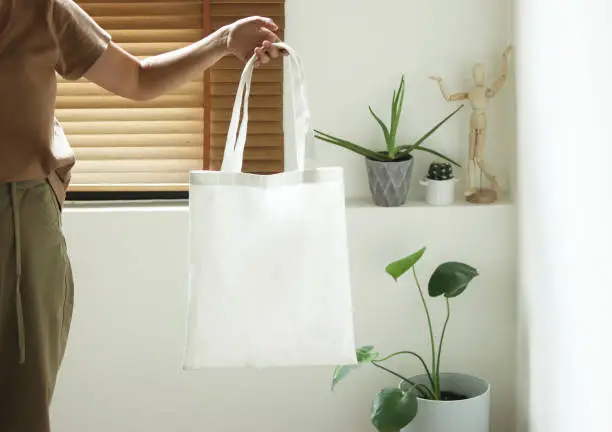 Photo of model hold blank white fabric tote bag for save environment on street fashion