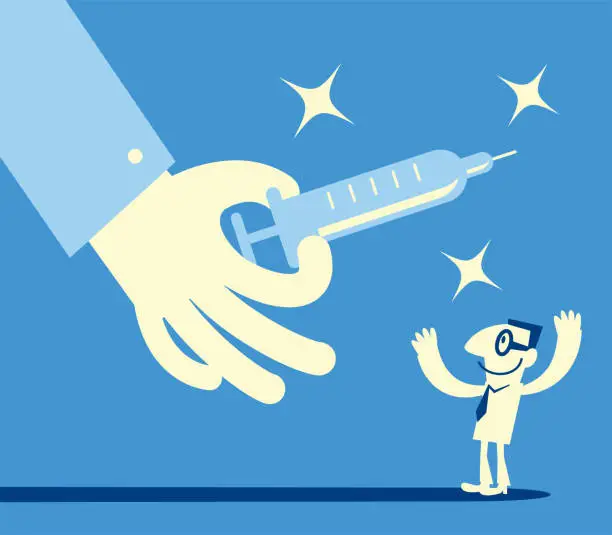 Vector illustration of Big hand giving people vaccine syringe to fight against coronavirus disease (COVID-19) or flu virus