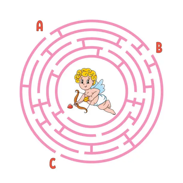 Vector illustration of Circle maze. Game for kids. Puzzle for children. Round labyrinth conundrum. Color vector illustration. Find the right path. Education worksheet.