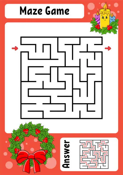 Vector illustration of Square maze. Game for kids. Winter theme. Funny labyrinth. Education developing worksheet. Activity page. Cartoon style. Riddle for preschool. Logical conundrum. Color vector illustration.