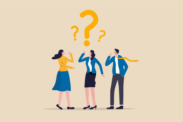 verwirrtes business-team, das eine antwort oder lösung findet, um probleme, arbeitsfragen oder zweifel und misstrauen im arbeitsprozesskonzept zu lösen, geschäftsmann und frauenteam denken mit fragezeichen. - verwirrung stock-grafiken, -clipart, -cartoons und -symbole