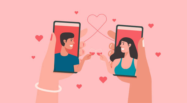 online dating or long distance relationship on mobile phone online dating or long distance relationship concept, human hands holding mobile phone with couple on screen app virtual love, vector illustration distant love stock illustrations