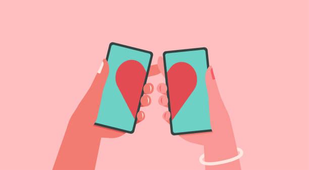 human hands holding mobile with heart on screen vector art illustration