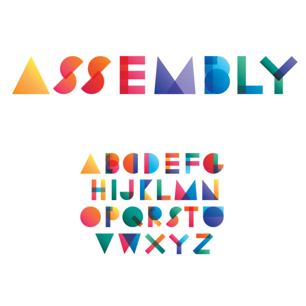 Assembly colorful gradient overlapping transparent shapes font; vector art illustration