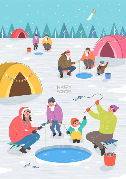 иллюстрация зимних путешествий - ice fishing stock illustrations