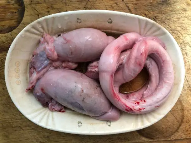 Directly above view of fresh raw Bull penis with two testicles from a local food market in China
