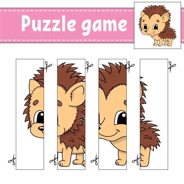 Vector illustration of Puzzle game for kids. Cutting practice. Education developing worksheet. Activity page. Cartoon character.