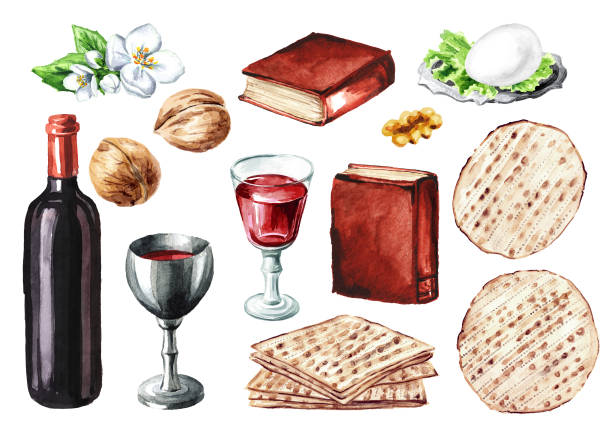 유월절 세더 식사 요소 세트. 유대인 의 휴일 페사흐. 흰색 배경에 격리 된 수채화 손으로 그린 일러스트레이션 - passover seder judaism seder plate stock illustrations
