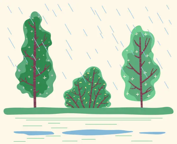 Vector illustration of Raining in Forest, Bad Weather Conditions in Park