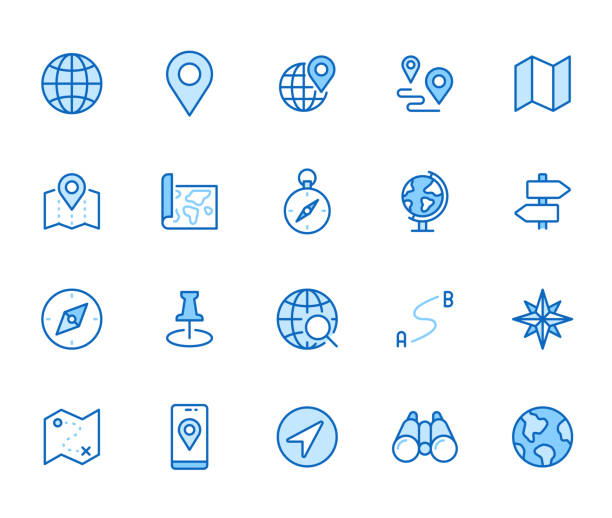 ロケーションラインアイコンセット。コンパス、旅行、地球、地図、地理、地球、距離、方向最小ベクトルイラスト。シンプルなアウトラインサインナビゲーションアプリのui。青い色、編� - russian culture illustrations点のイラスト素材／クリップアート素材／マンガ素材／アイコン素材