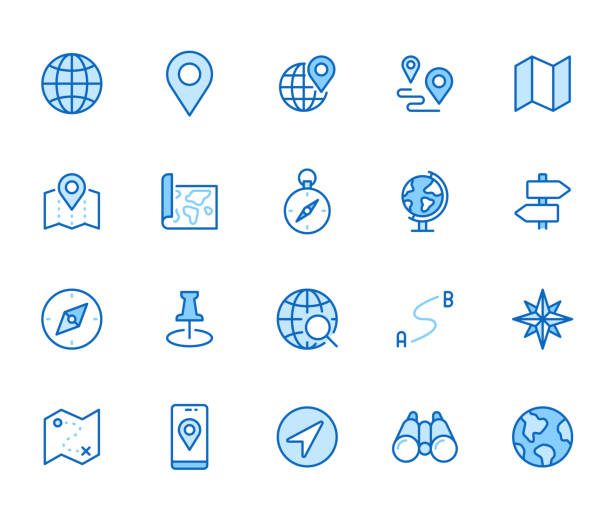Location line icon set. Compass, travel, globe, map, geography, earth, distance, direction minimal vector illustration. Simple outline sign navigation app ui. Blue color, Editable Stroke Location line icon set. Compass, travel, globe, map, geography, earth, distance, direction minimal vector illustration. Simple outline sign navigation app ui. Blue color, Editable Stroke. travel icons stock illustrations