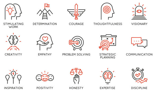 Vector Set of Linear Icons Related to Leadership Traits, Qualities for Success. Development and Teamwork. Mono Line Pictograms and Infographics Design Elements - part 2 Vector Set of Linear Icons Related to Leadership Traits, Qualities for Success. Development and Teamwork. Mono Line Pictograms and Infographics Design Elements - part 2 fearless stock illustrations