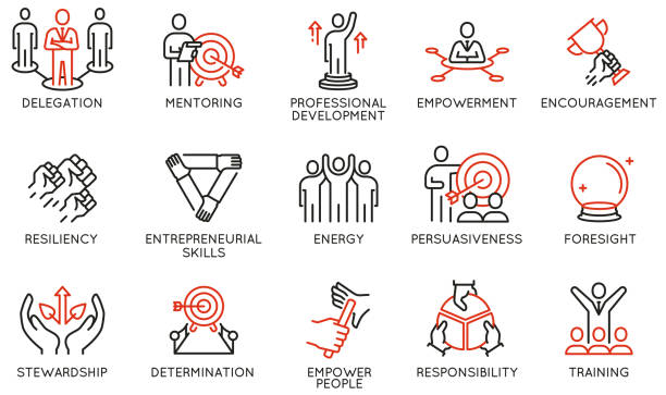 Vector Set of Linear Icons Related to Leadership Traits, Qualities for Success. Development and Teamwork. Mono Line Pictograms and Infographics Design Elements - part 3 Vector Set of Linear Icons Related to Leadership Traits, Qualities for Success. Development and Teamwork. Mono Line Pictograms and Infographics Design Elements - part 3 role model stock illustrations