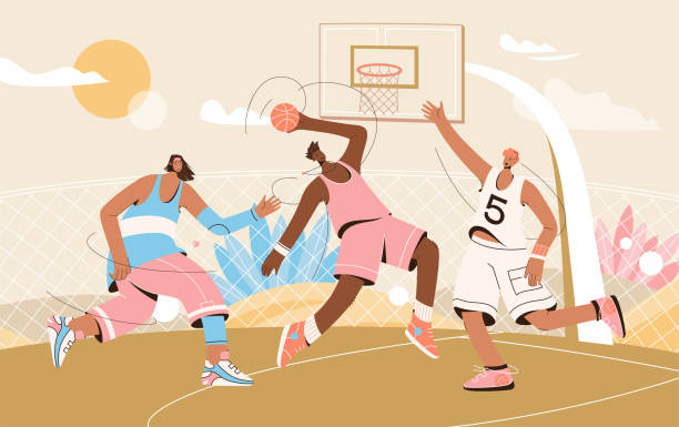 illustrazioni stock, clip art, cartoni animati e icone di tendenza di squadra di basket in uniforme giocando a streetball nel parco giochi - streetball basketball sport men