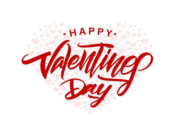 Vector illustration of Hand drawn modern brush type lettering of Happy Valentines Day on hearts background.