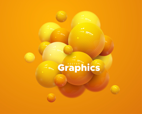 Abstract composition with 3d spheres cluster. Colorful glossy bubbles. Vector realistic illustration of balls. Trendy banner or poster design. Futuristic background