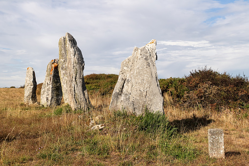 Line of the six menhirs of Vieux-Moulin - Old Mill - megalithic landmark near Plouharnel in Brittany, France