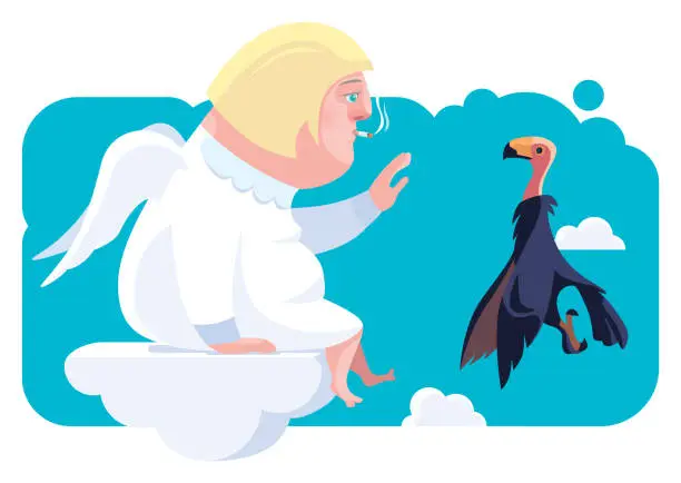 Vector illustration of overweight angel smoking and communicating with vulture