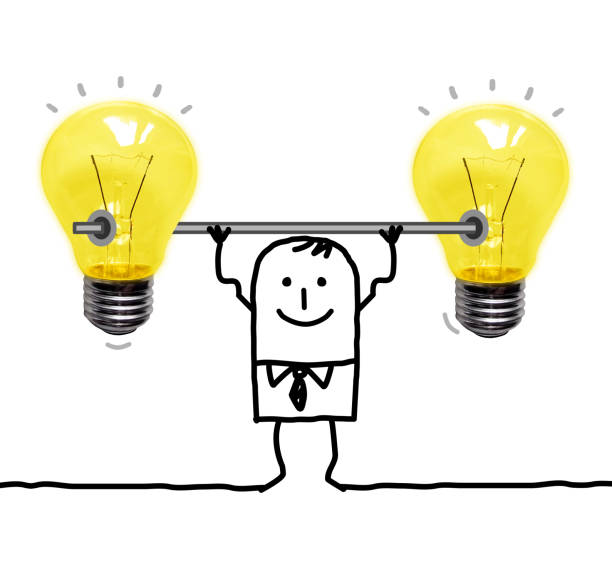 Strong And Sporty Cartoon Businessman With Big Yellow Light Bulbs Stock  Photo - Download Image Now - iStock