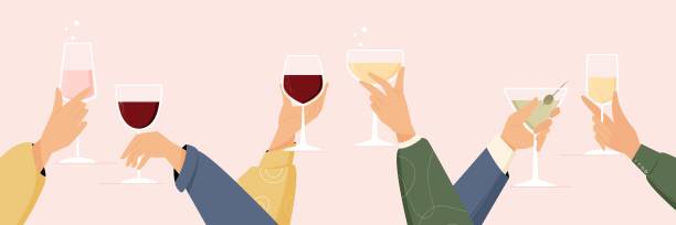 stockillustraties, clipart, cartoons en iconen met banner en kaartontwerp met het roosteren van handen met fonkelende, rode, witte wijn, prosecco, champagne, martini. vectorillustratie - drinking wine