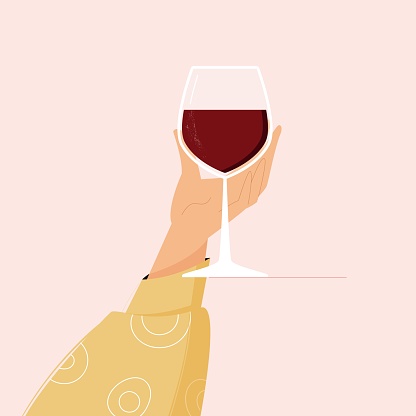 Woman hand holding glass with red wine. Vector illustration