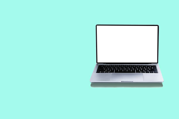 istock Laptop and mock up screen on green background 1294571914