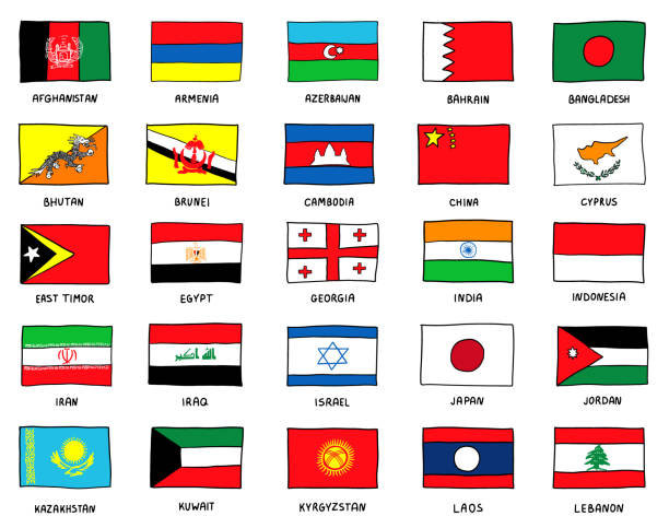 asiatische handgezeichnete flaggen skizzieren stil. teil 1(2) - bhutanese flag stock-grafiken, -clipart, -cartoons und -symbole
