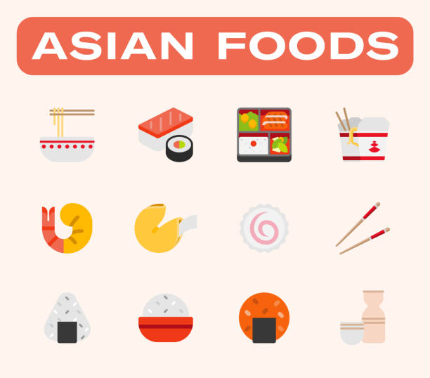 ilustraciones, imágenes clip art, dibujos animados e iconos de stock de los iconos de ilustraciones vectoriales de alimentos asiáticos establecen. japonesa, alimentos chinos – sushi, sashimi, maki, fideos, caja bento, comidas de arroz, camarones, pastel de pescado, pastel de la fortuna, bola de arroz, bebida de sake, palill - fish cakes illustrations