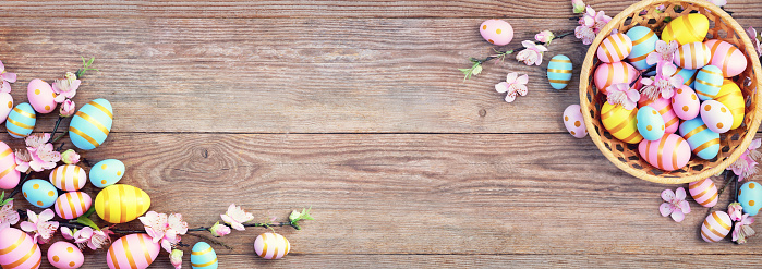 Happy Easter background with pink; yellow, blue eggs and beautiful spring flowers on wooden table. Gift card with colorful Easter eggs on old wooden table.