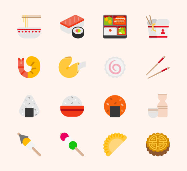 ilustrações de stock, clip art, desenhos animados e ícones de asian foods vector illustrations icons set. japanese, chinese foods – sushi, sashimi, maki, noodle, bento box, rice meals, shrimp, fish cake, fortune cake, rice ball, sake drink, oden, dango, chopsticks isolated symbols collection - fish cakes illustrations