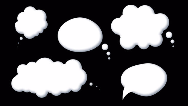 Alpha Channel set of speech bubbles for text, chatting boxes pop up, message box cartoon animated icons. Balloon doodle style of thinking sign symbol