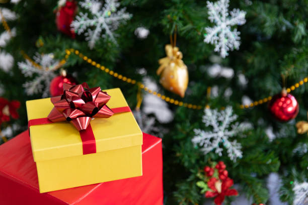 istock Gift boxes, Christmas balls and tree for celebration in Christmas and New Year. 1294581097